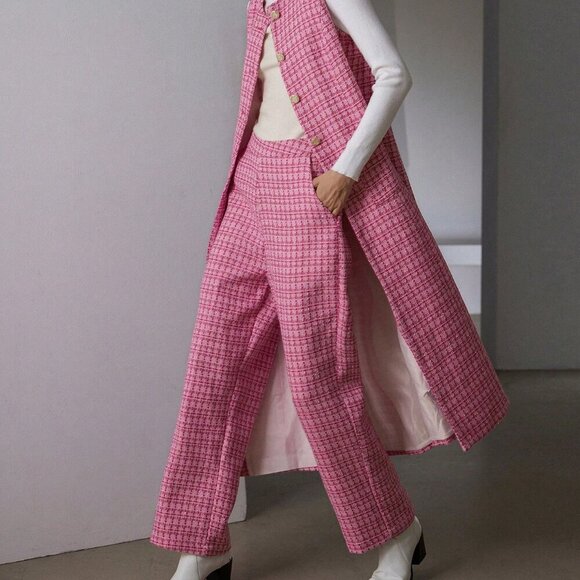Pink Elegant Women's Tweed Long Sleeveless Cinched Waist Jacket & Pants Set - Picture 3 of 6
